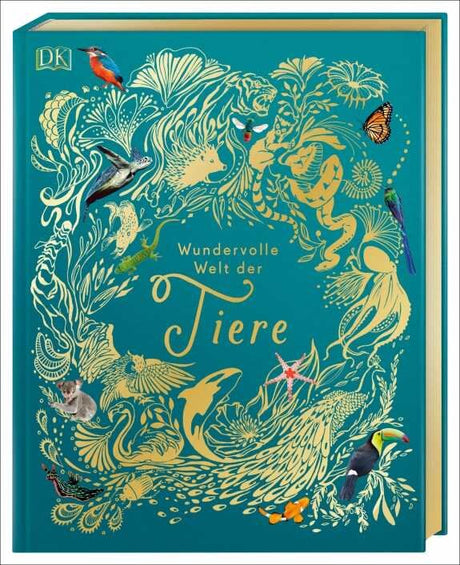 Buchcover mit goldenen Tieren, Vögeln, Fischen und Pflanzen auf türkisfarbenem Hintergrund, Titel: "Wundervolle Welt der Tiere".