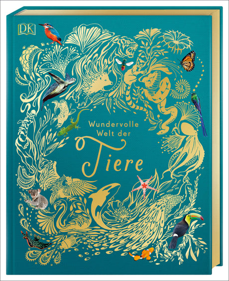 Buchcover mit goldenen Tier-Illustrationen und Fotos von Vögeln, einem Koala, einem Fisch, einem Insekt und einer Muschel.