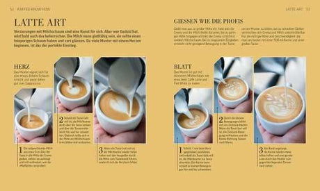 Anleitung zum Latte-Art-Gießen: Schritt 1, 2, 3 mit Bildern, zeigt das Eingießen von Milchschaum in Kaffee.