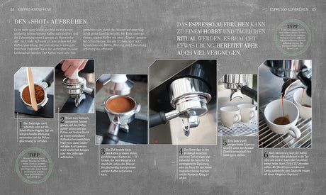 Bilderreihe mit Schritten zum Aufbrühen von Espresso, inklusive Kaffeepulver, Siebkorb, Espressomaschine und Tassen.