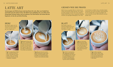 Vier Fotos zeigen das Aufgießen von Latte-Art-Mustern in eine Tasse Kaffee, mit Anleitungen für Herz und Blatt.