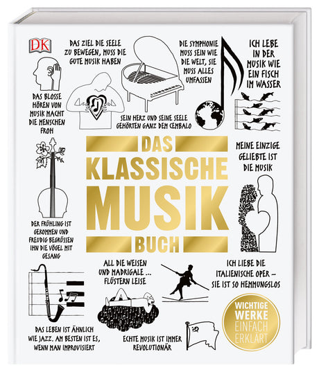 Titel "Das klassische Musik Buch" mit verschiedenen Illustrationen und Zitaten zur klassischen Musik.