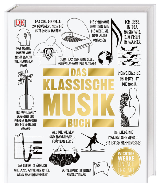 Titel "Das klassische Musik Buch" mit verschiedenen Illustrationen und Zitaten zur klassischen Musik.