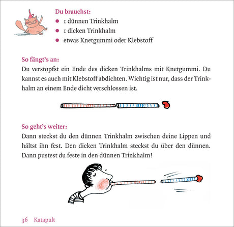 Anleitung zum Blasen eines Trinkhalms mit Bildern, Texten und einer Person, die einen Trinkhalm bläst.