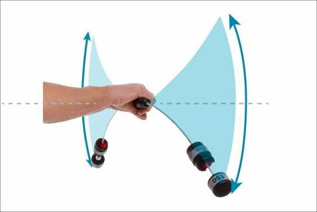 Hand hält zwei Spiegel mit verbundenen Lichtstrahlen, die reflektiert werden und eine Kurve bilden.