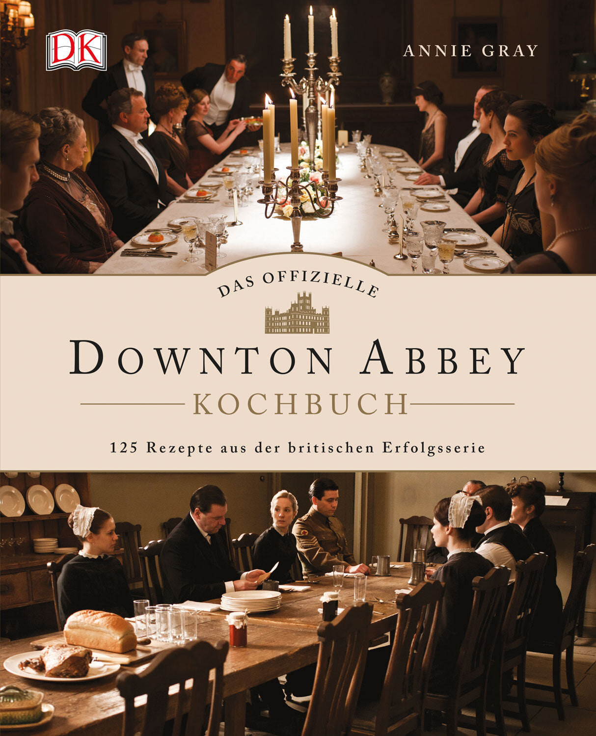 Buchcover mit zwei Szenen: Oben ein elegantes Dinner mit Kerzen, unten eine historische Besprechung am Esstisch.