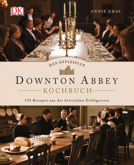 Buchcover mit zwei Szenen: Oben ein elegantes Dinner mit Kerzen, unten eine historische Besprechung am Esstisch.