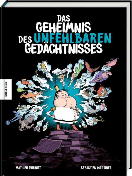 Buchcover mit einem Mann in Uniform, umgeben von Gedankenblasen mit Tieren, Gegenständen und Symbolen.