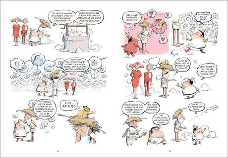 Comic-Panel mit Figuren, Dialoge, Gedankenblasen, Wellensymbolik