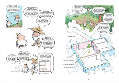 Zwei Comic-Charaktere im Gespräch, eine Karte und ein 3D-Modell eines Hauses mit Beschriftungen.