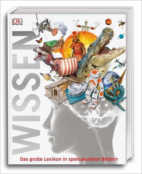 Buchcover mit einem menschlichen Kopf und einer Explosion aus Tieren, Robotern, Pflanzen, Gebäuden und Planeten.