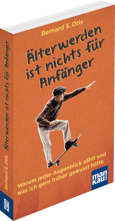Buchcover mit einem Mann auf einem Skateboard, der nach vorne greift, orange Hintergrund, gelbe und schwarze Schrift