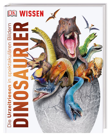 Buchcover mit Dinosauriern, die aus einem großen, zerbrochenen Ei hervorkriechen.