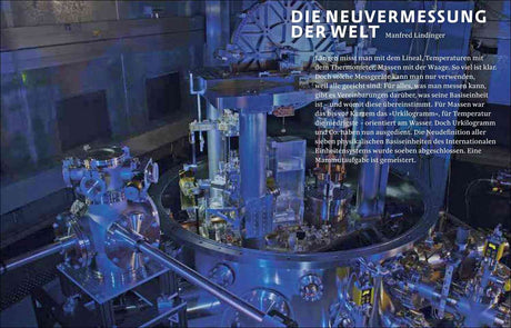 Bild eines komplexen wissenschaftlichen Messgeräts aus Metall mit blauer Beleuchtung, daneben Text über neue Maßeinheiten.