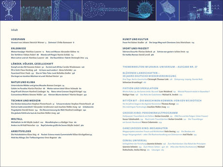 Seitenübersicht eines Magazins mit Inhaltsverzeichnis, thematisch gegliedert in Kategorien wie Erlebnisse, Natur, Technik und Kultur