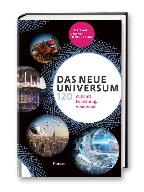 Buchcover mit Titel "Das neue Universum", Untertitel "120 Zukunft. Forschung. Abenteuer." und Bildern von Pferderennen