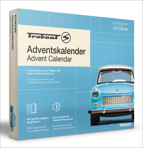 Blauer Adventskalender mit Bild eines Trabant 601 und Text in Deutsch und Englisch.