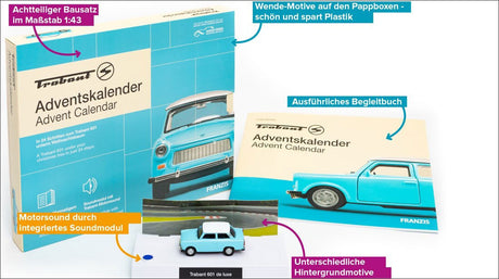 Bausatz mit Pappbox, Begleitbuch, Spielzeugauto, Pappmotorrad, blauer Trabant 601, verschiedene Hintergrundmotive