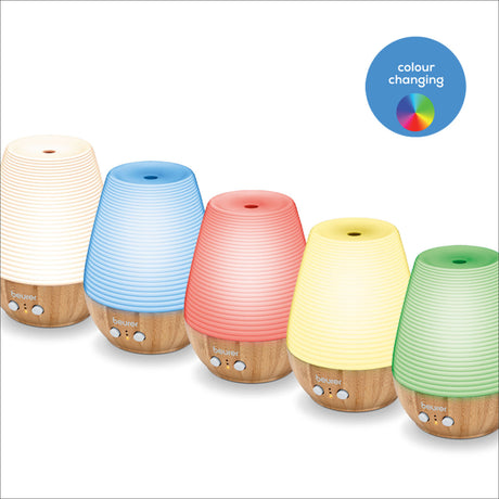 Fünf Farbwechsel-Diffusoren in Beige, Blau, Rot, Gelb und Grün, mit Holzbasis und Steuerknöpfen.