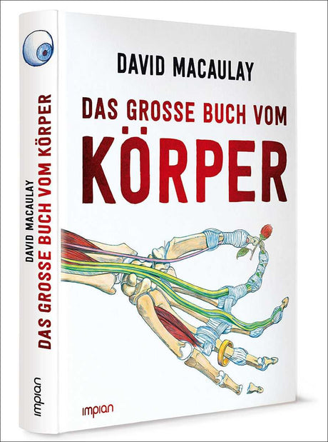 Buchcover mit Titel "Das große Buch vom Körper" von David Macaulay, Illustration eines menschlichen Skeletts und Muskeln.