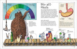 Illustration mit pH-Wert-Skala, Tier, Waschpulver, Milch, Zitrone, und Magen-Darm-Diagramm.