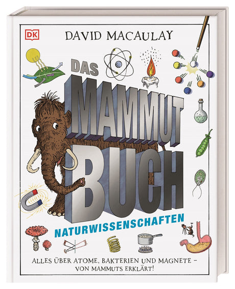 Buchcover mit Titel "Das Mammut Buch", Illustrationen von Mammut, Atommodell, Magneten, Bakterien, Wissenschaftssymbole