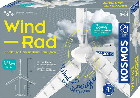 Verpackung eines Windrad-Bausatzes mit Windenergie, Akku, Windrad und Anleitungen.