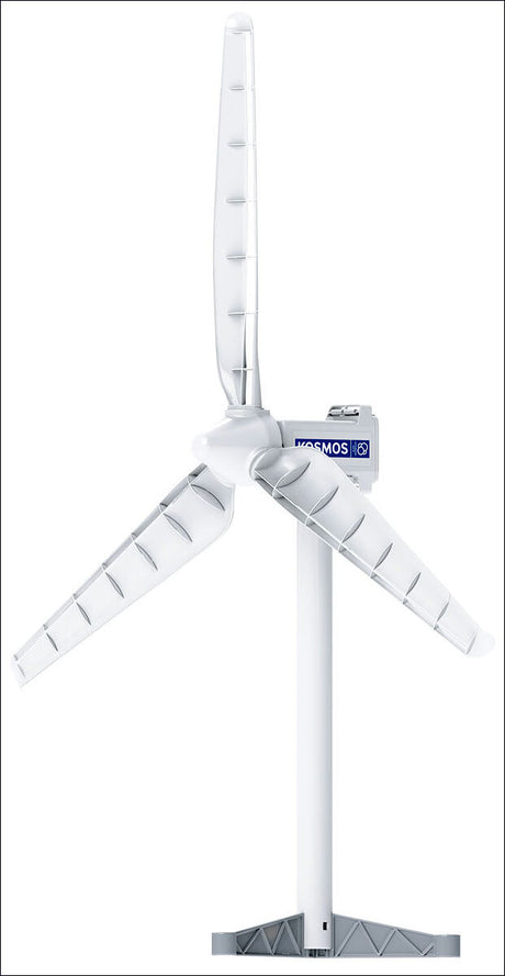 Vertikales Windrad mit drei transparenten Flügeln und einem weißen Standfuß.