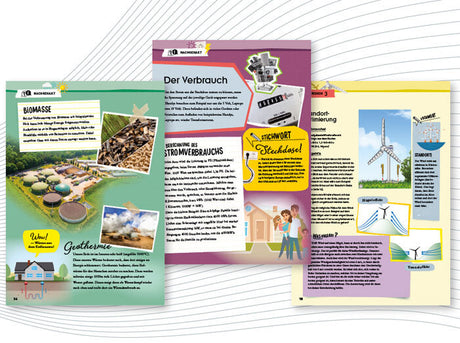 Drei Infoseiten zu Energiequellen, Stromverbrauch und Windenergie mit Texten, Bildern und Illustrationen.