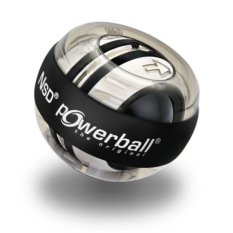 Powerball mit transparentem Gehäuse, schwarzem Band mit weißem Logo, innen rotierende Kugel, auf weißem Hintergrund.