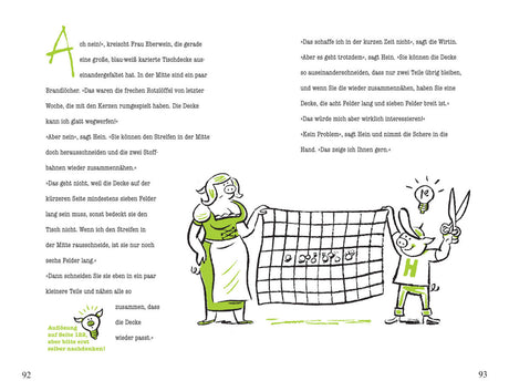 Zeichnung einer Frau und eines Kindes beim Zusammenfügen einer Tischdecke, mit Text und kleinen Illustrationen.