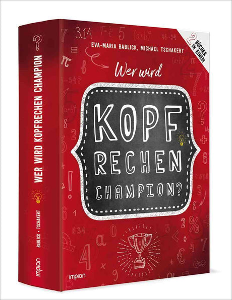 Buchcover in Rot mit weißen und schwarzen Elementen, Titel "Wer wird Kopf rechnen Champion?" und Illustrationen von Zahlen
