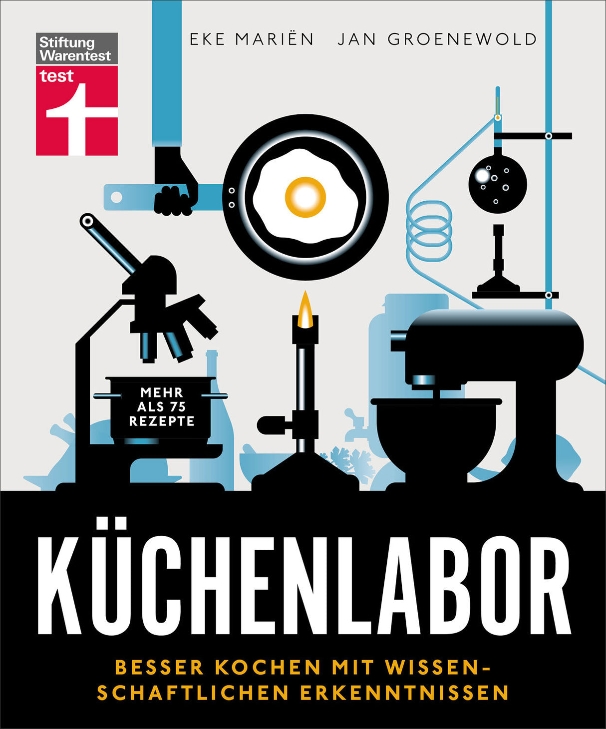 Buchcover mit wissenschaftlichen Küchengeräten, darunter eine Mikroskop, eine Flamme, ein Reagenzglas, eine Waage, eine Küchenmaschine und ein Ei in einer Pfanne, sowie Texten und Logos.