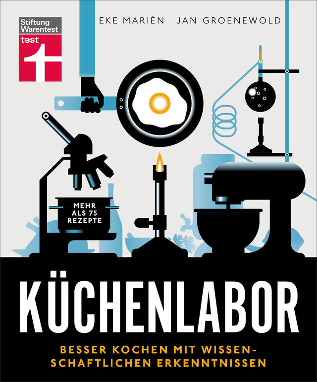 Buchcover mit wissenschaftlichen Küchengeräten, darunter eine Mikroskop, eine Flamme, ein Reagenzglas, eine Waage, eine Küchenmaschine und ein Ei in einer Pfanne, sowie Texten und Logos.