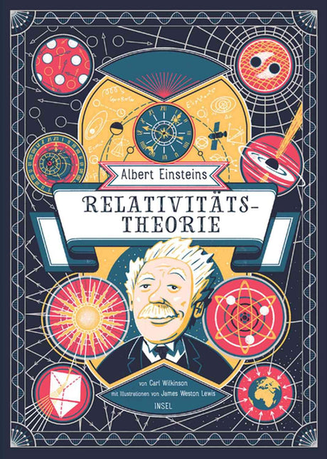 Buchcover mit Albert Einstein, umgeben von wissenschaftlichen Symbolen, Uhren, Planeten und Atommodellen.