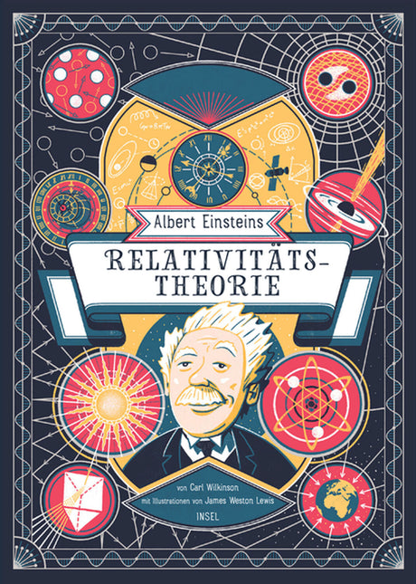 Buchcover mit Albert Einstein, wissenschaftlichen Symbolen, Planeten, Atommodell und Relativitätstheorie-Illustrationen.