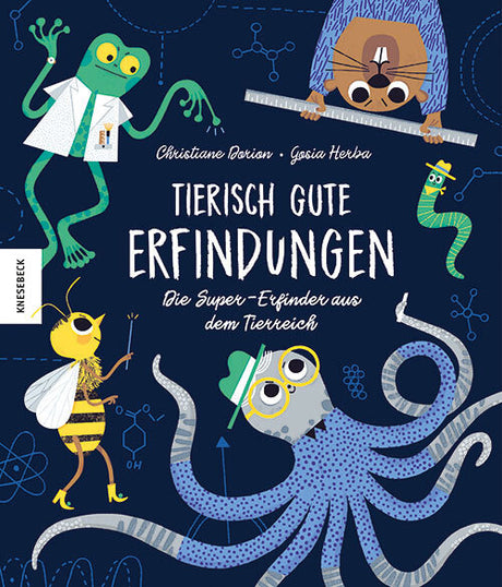 Buchcover mit bunten, cartoonartigen Tieren, die Wissenschaftler-Accessoires tragen, und Titeltext in der Mitte.