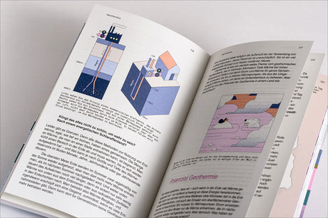 Offene Buchseite mit Diagrammen und Text über Geothermie, darunter eine Illustration eines geothermischen Systems.
