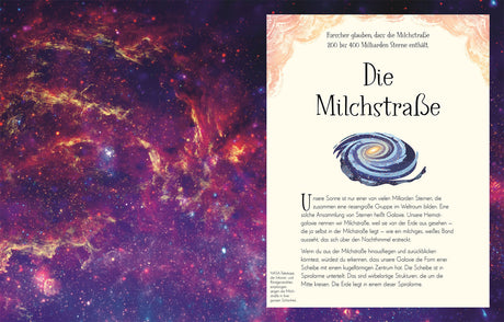 Bild mit einer bunten, sternenreichen Galaxie auf der linken Seite und einer Infoseite über die Milchstraße auf der rechten Seite.