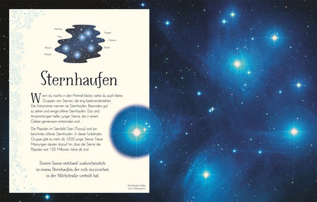 Infografik über Sternhaufen, mit Text und Illustration von offenen Sternhaufen, vor Sternenhimmel mit vielen Sternen.