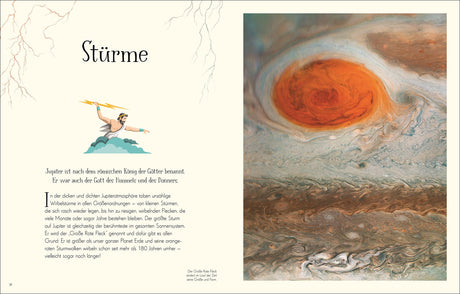 Seiten mit Text über Stürme und ein Bild des Jupiters mit seinem roten Fleck.