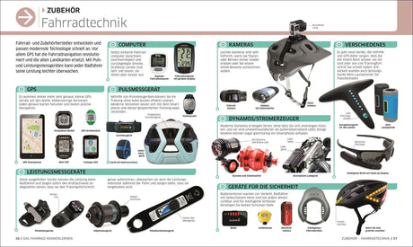 Übersicht über Fahrradtechnik-Zubehör, inklusive GPS, Computer, Kameras, Dynamo, Leistungsmessgeräte, Sicherheitsgeräte und mehr.