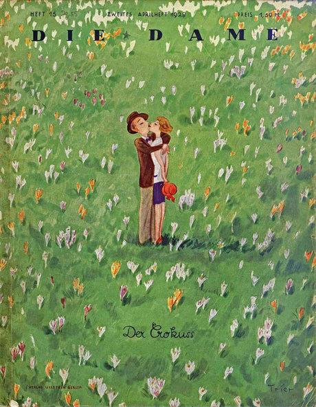 Illustration eines Paares, das sich in einem Blumenfeld küsst, mit grüner Wiese und bunten Blumen.