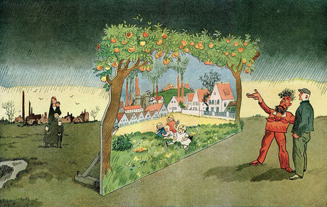 Zwei Männer sprechen vor einer Wand, die eine idyllische Landschaft mit Bäumen, Häusern und Kindern zeigt.
