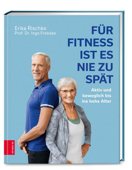 Buchcover mit einem älteren Mann und einer älteren Frau, die aktiv und sportlich aussehen, vor blauem Hintergrund.