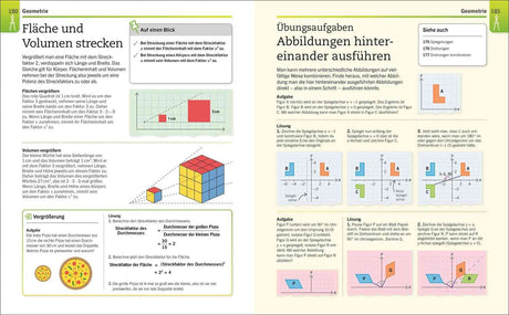 Zwei Doppelseiten eines Mathematik-Lehrbuchs mit Texten, Diagrammen und farbigen Abbildungen zu Flächen- und Volumenberechnung.