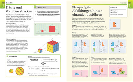 Zwei Doppelseiten aus einem Mathematikbuch mit Text, Diagrammen und farbigen Abbildungen zu Flächen- und Volumenberechnung.