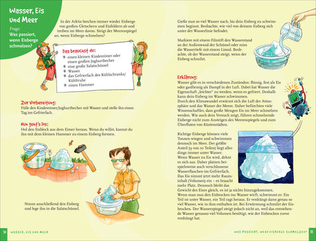 Illustration eines Kindes, das einen Eisklumpen in eine Salatschüssel legt, mit einem Hammer daneben.
