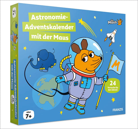 Astronomie-Adventskalender mit Maus, Maus im Raumanzug, Elefant, Rakete, Erde, Sterne, Text und Logo.