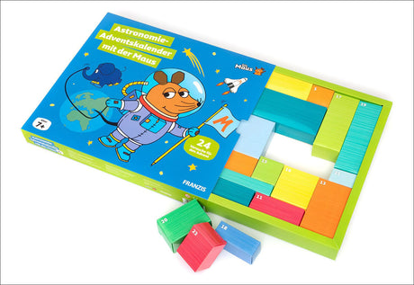 Bunte Astronomie-Adventskalender mit Maus-Illustration, offen mit nummerierten Türchen und Schaumstoffblöcken.